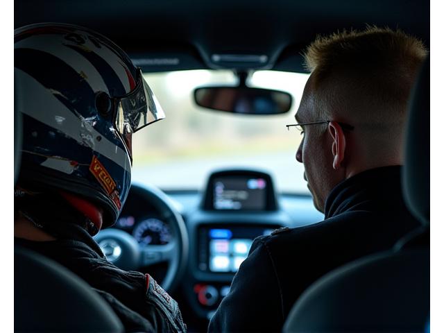 Rally car driver receiving instruction from an experienced coach with data logger on dashboard